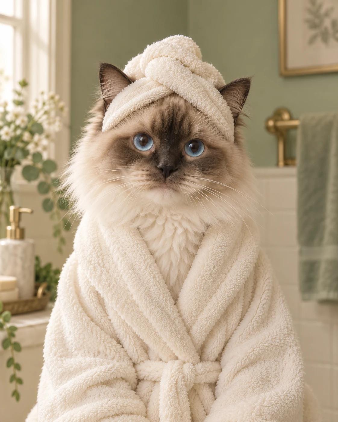 Ragdoll cat in a spa bathrobe bathroom pet portrait