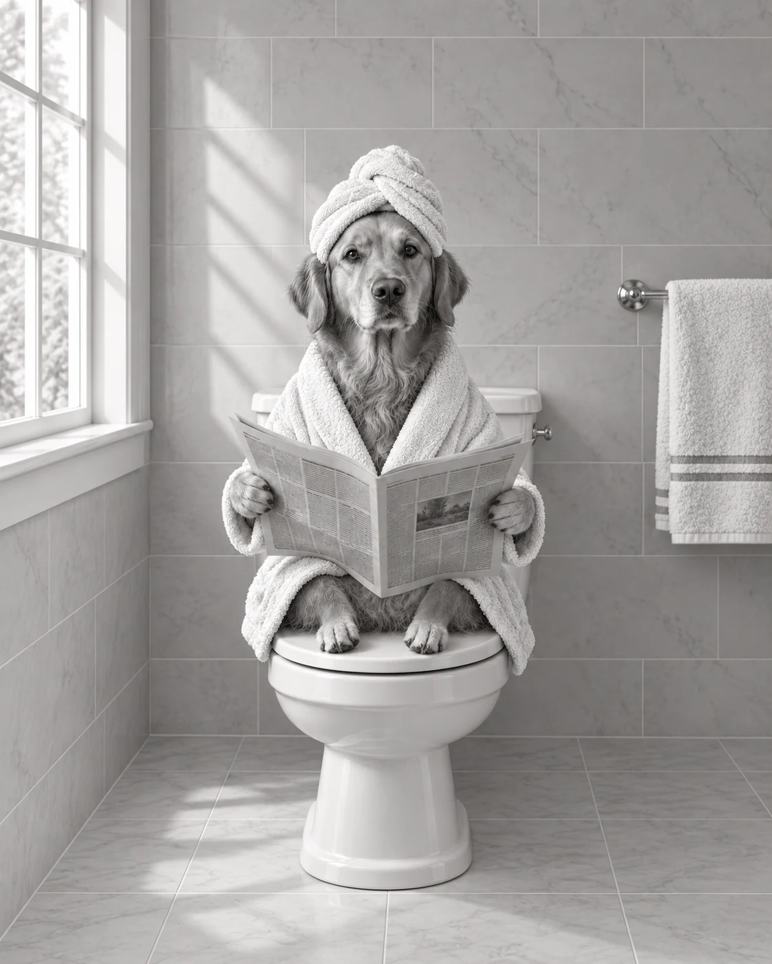 Golden Retriever in a black & white newspaper bathroom pet portrait