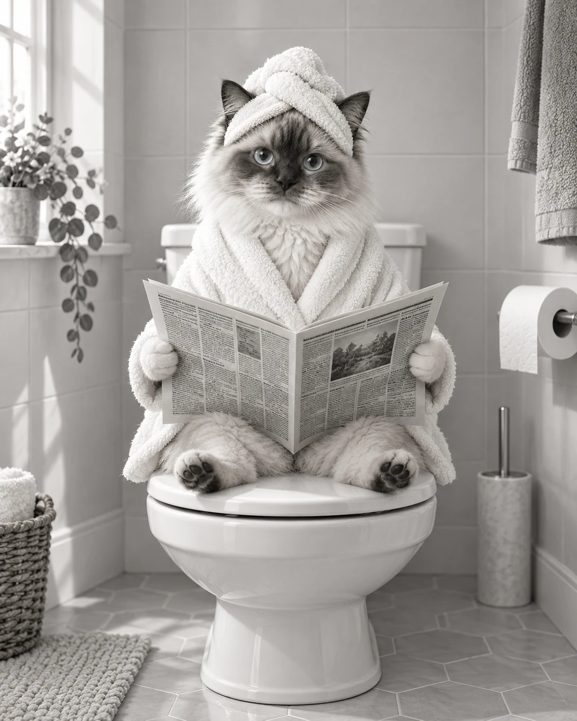Ragdoll cat in a black & white newspaper bathroom pet portrait