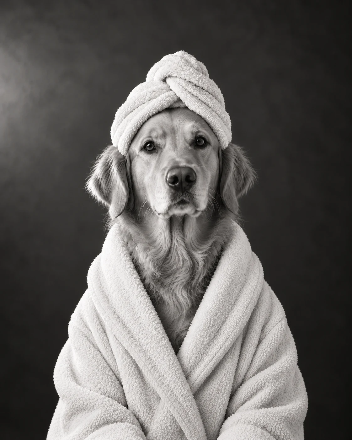 Golden Retriever in a black & white towel bathroom pet portrait