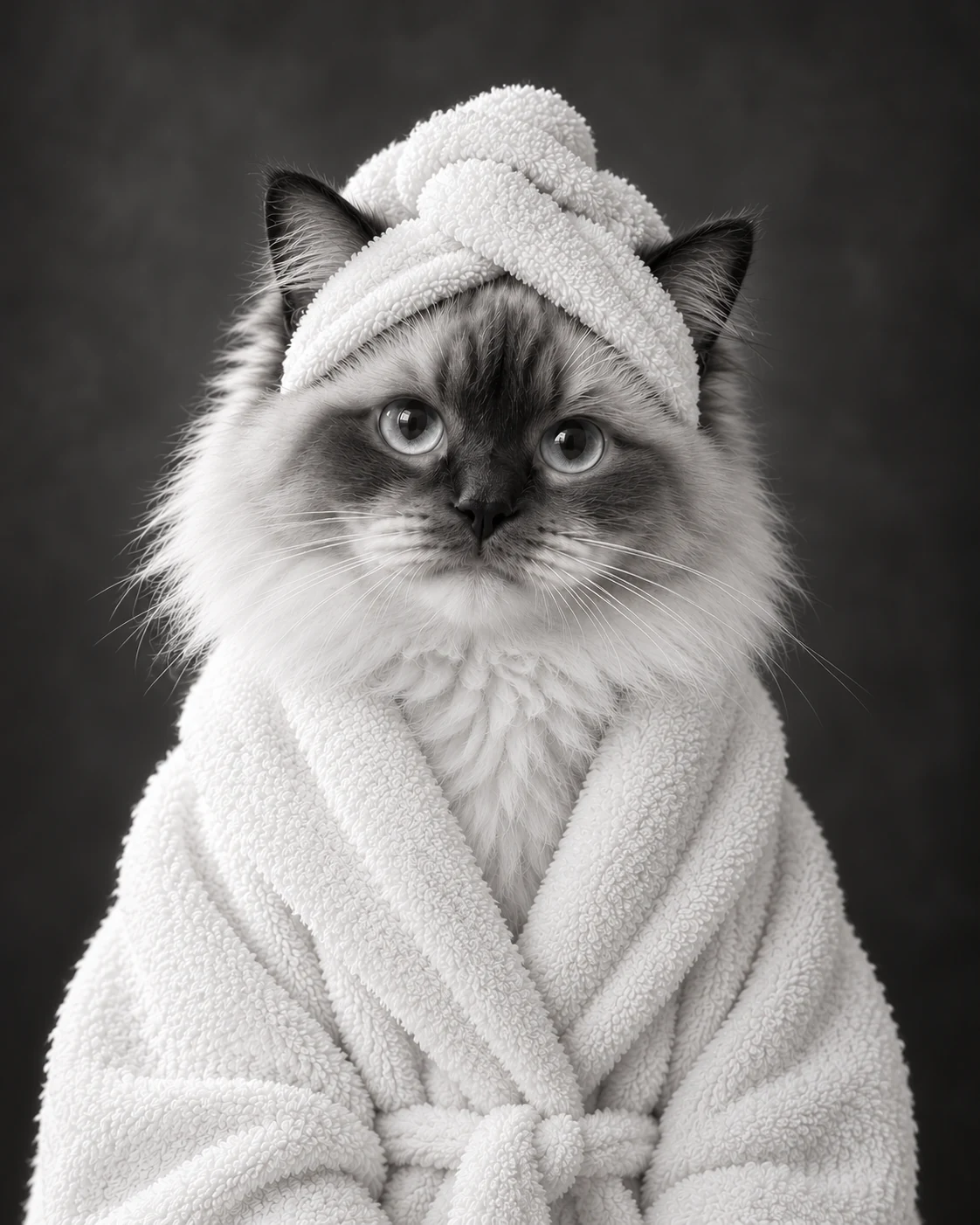 Ragdoll cat in a black & white towel bathroom pet portrait
