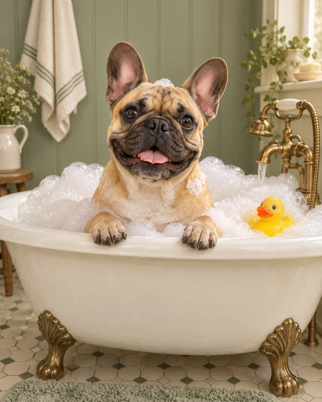 French Bulldog in a bubble bath bathroom pet portrait