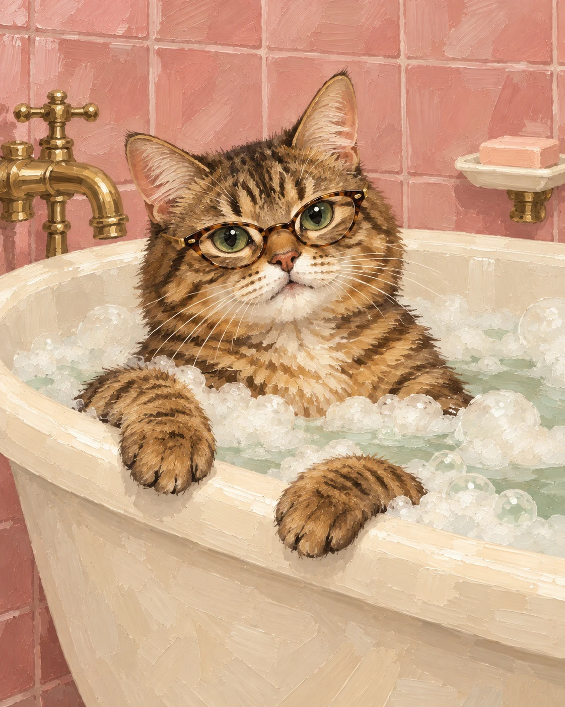 Oil painting of a tabby cat wearing glasses in a pink tiled bubble bath