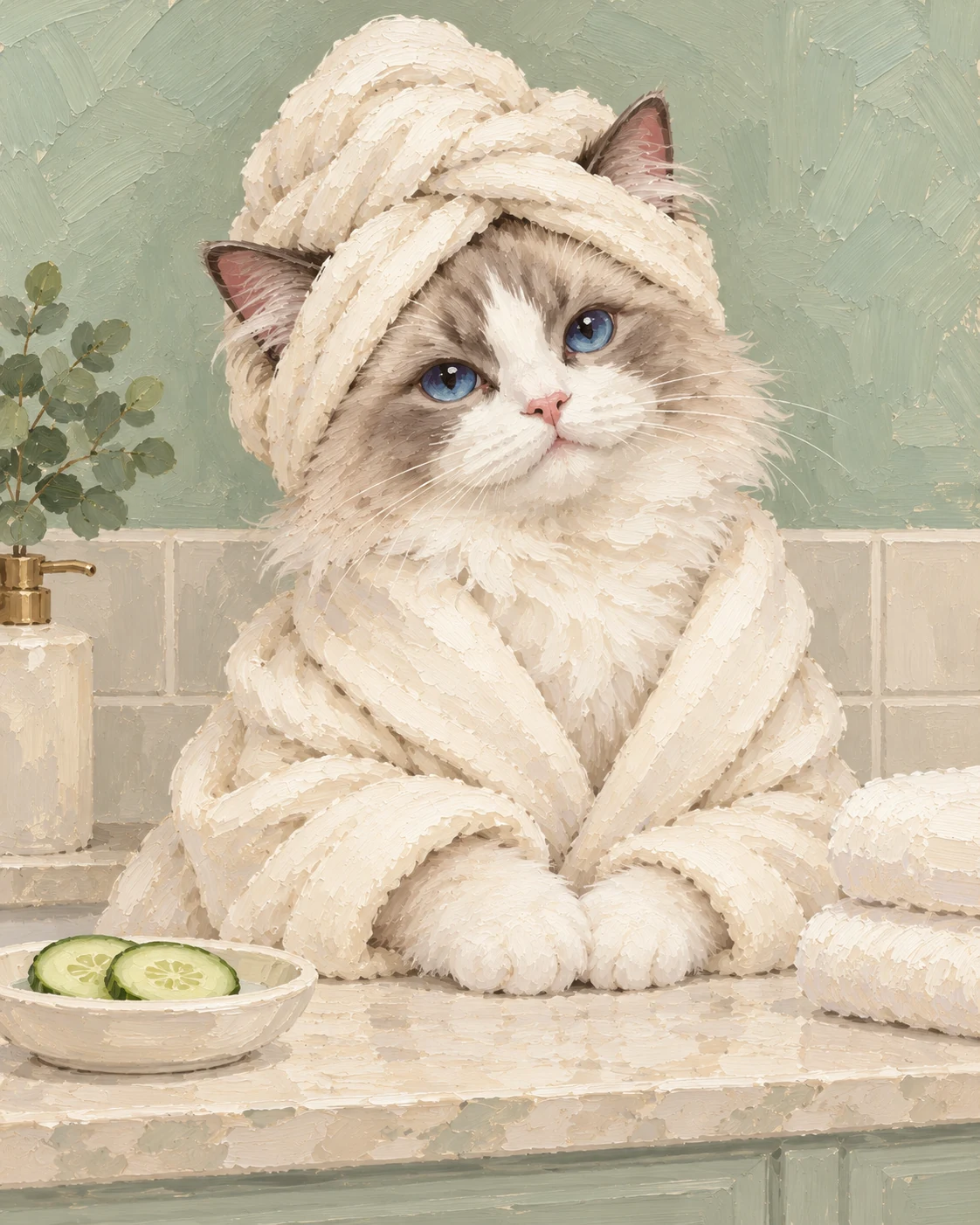 Oil painting of a ragdoll cat in a white bathrobe and towel turban