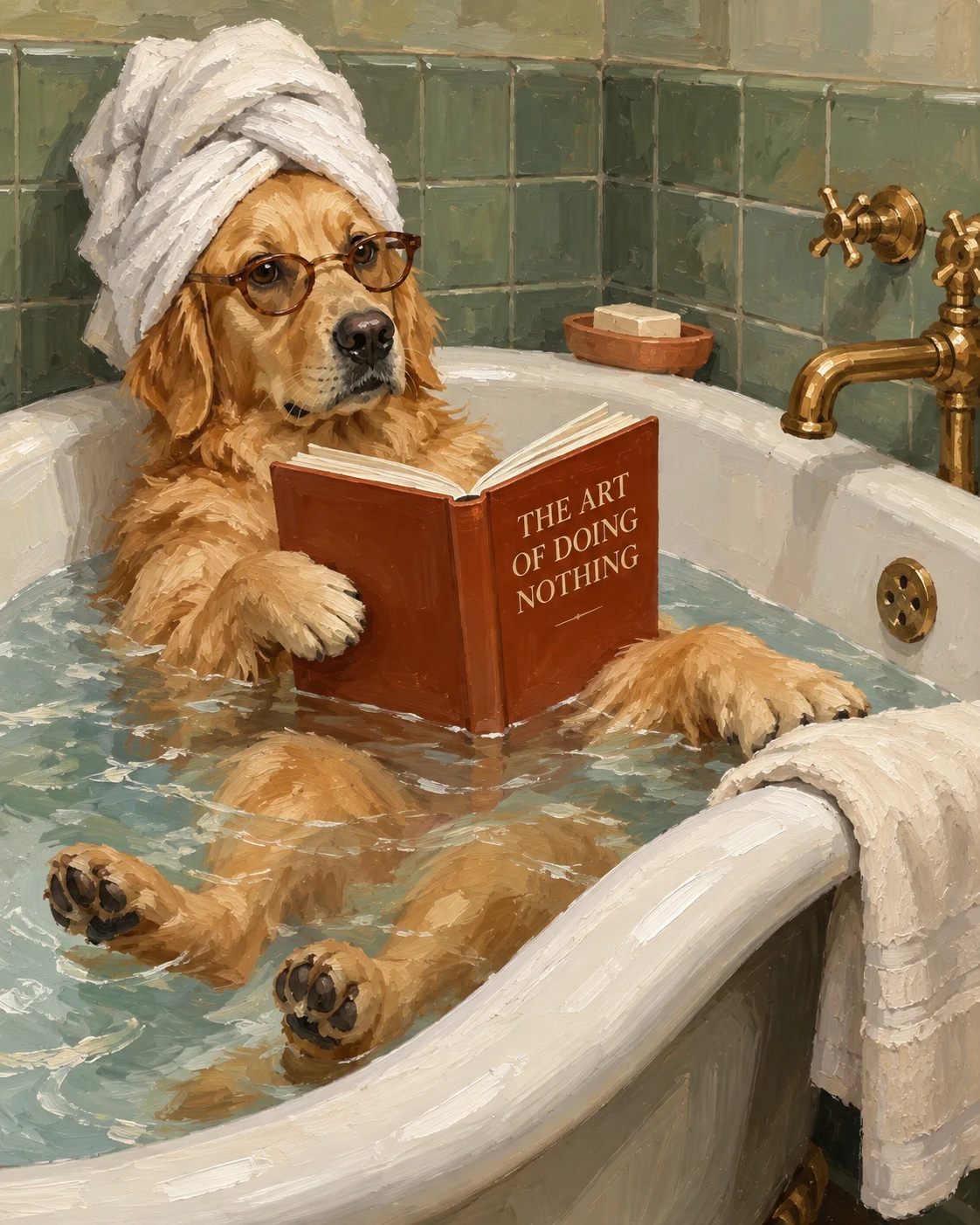 Oil painting of a golden retriever with a towel turban reading in a bathtub
