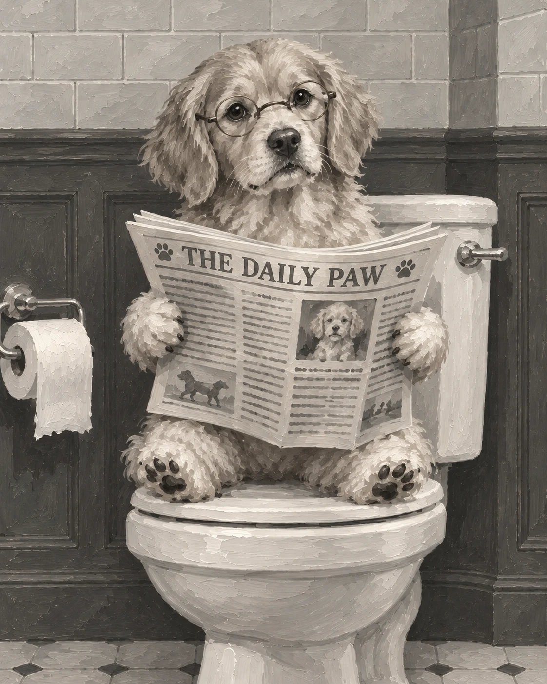 Black-and-white oil painting of a fluffy dog reading a newspaper on a toilet