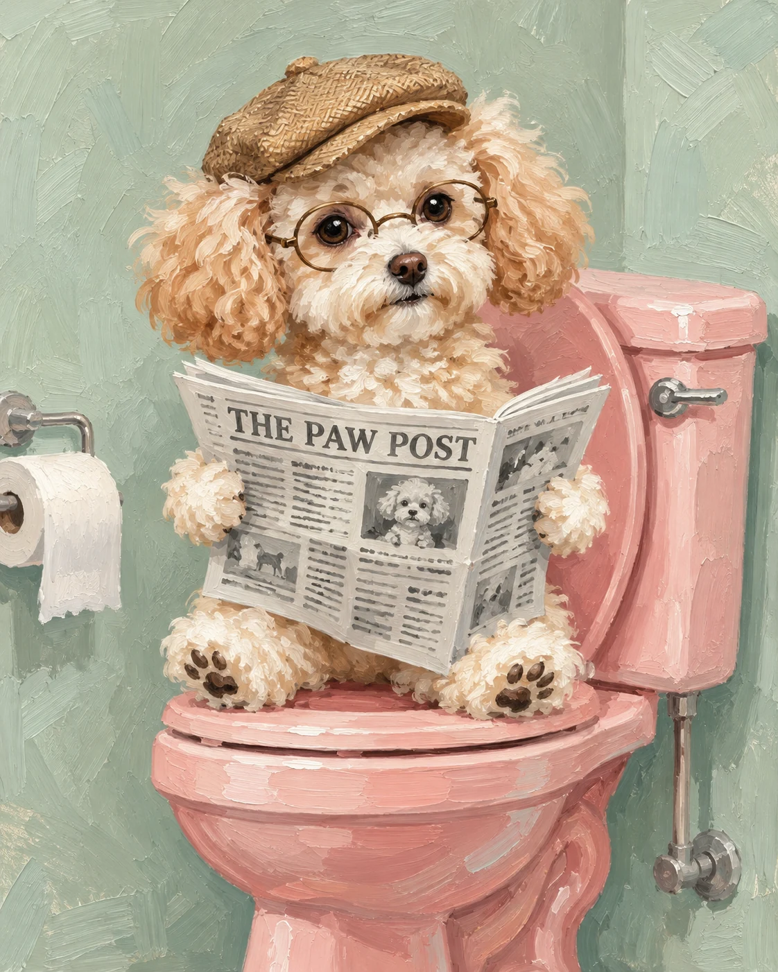 Oil painting of a poodle wearing glasses and reading a newspaper on a pink toilet