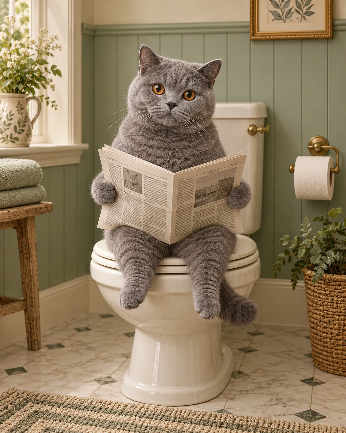 British Shorthair cat in a bathroom newspaper bathroom pet portrait