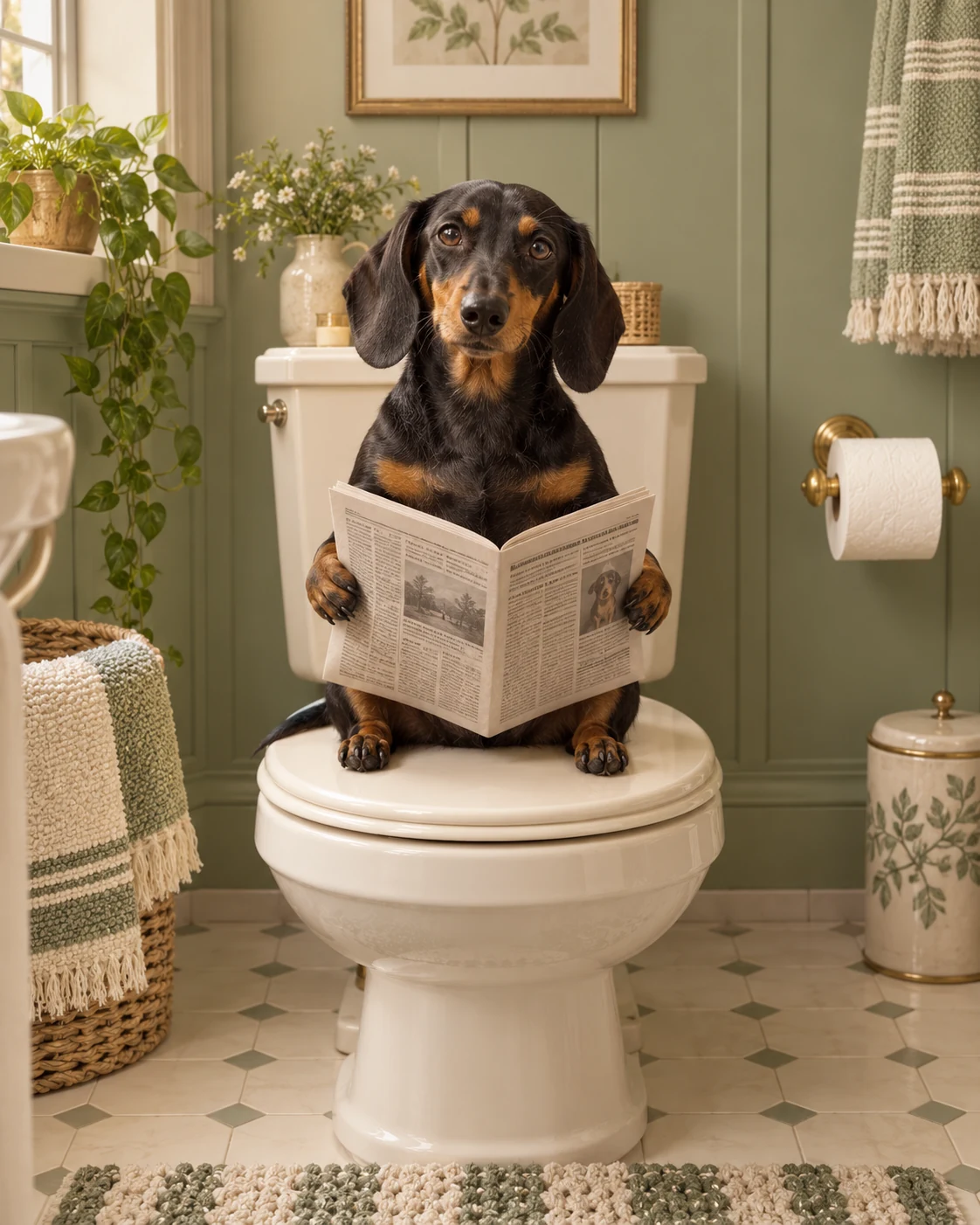 Dachshund in a bathroom newspaper bathroom pet portrait
