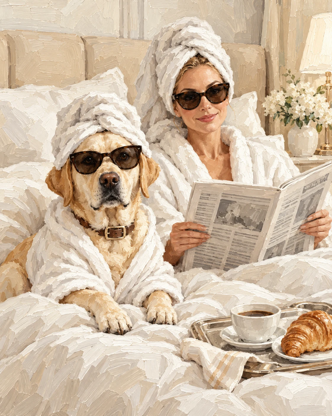 Oil painting of a woman and Labrador in bathrobes and sunglasses reading a newspaper in bed