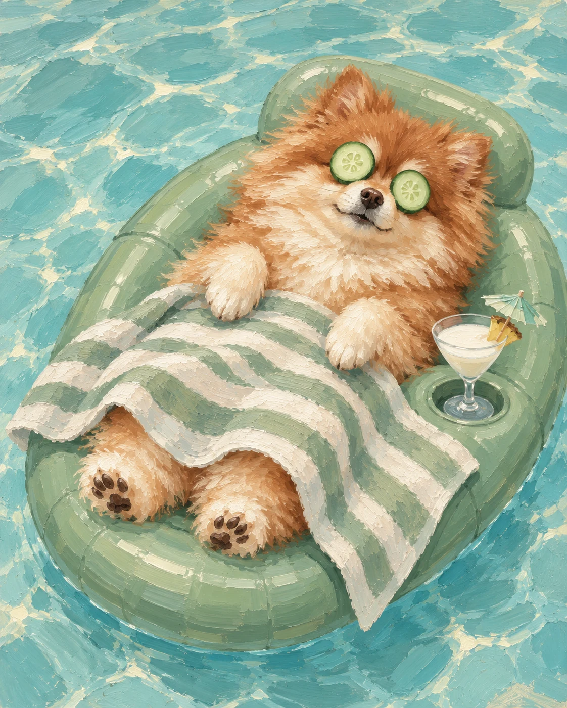 Oil painting of a Pomeranian with cucumber eye masks and a striped towel on a floating lounge