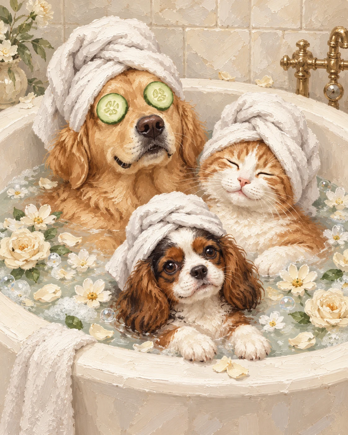 Oil painting of three pets wearing towel turbans in a flower bath, with cucumber eye masks on the retriever