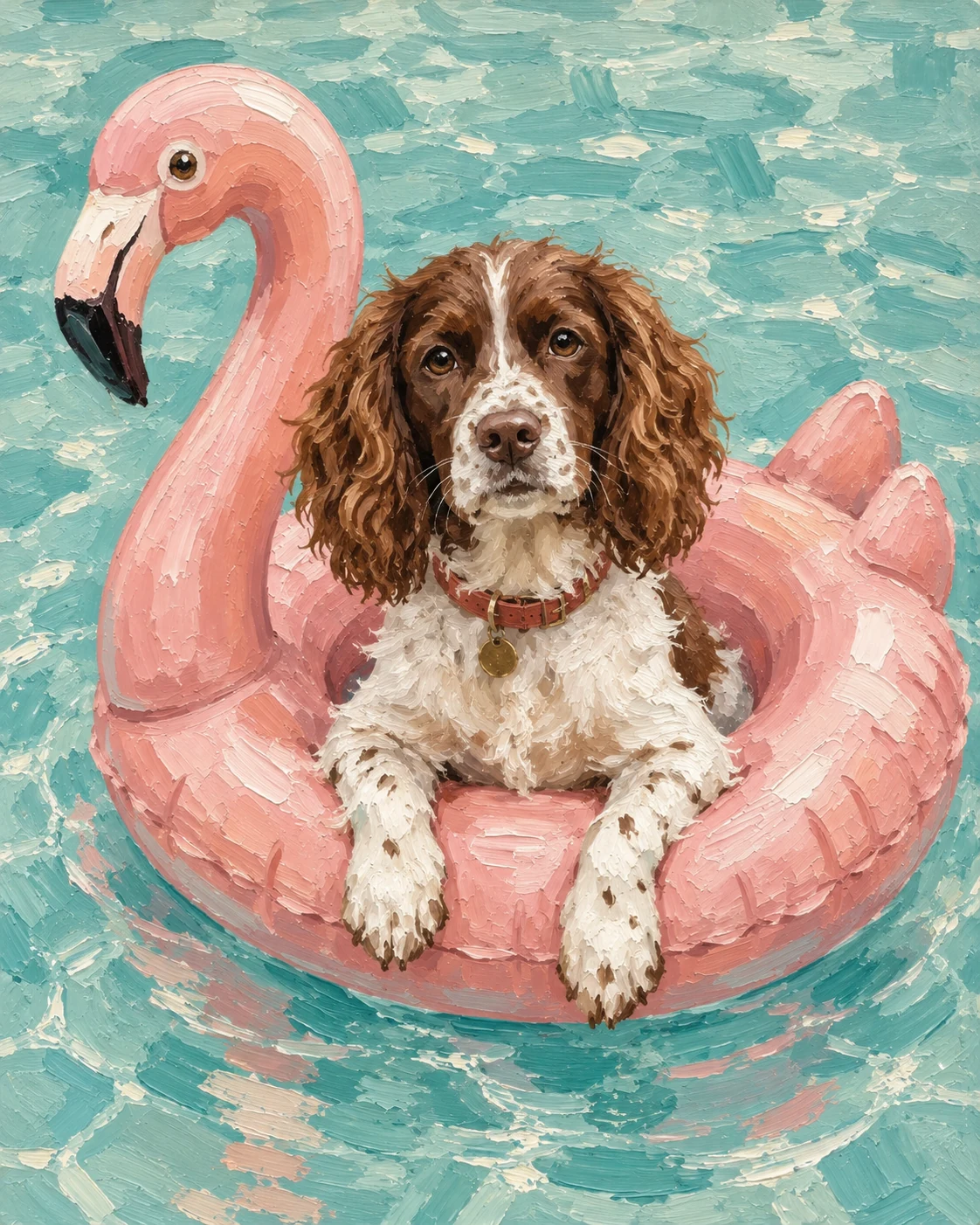 Oil painting of a spaniel sitting in a pink flamingo swim ring on turquoise water