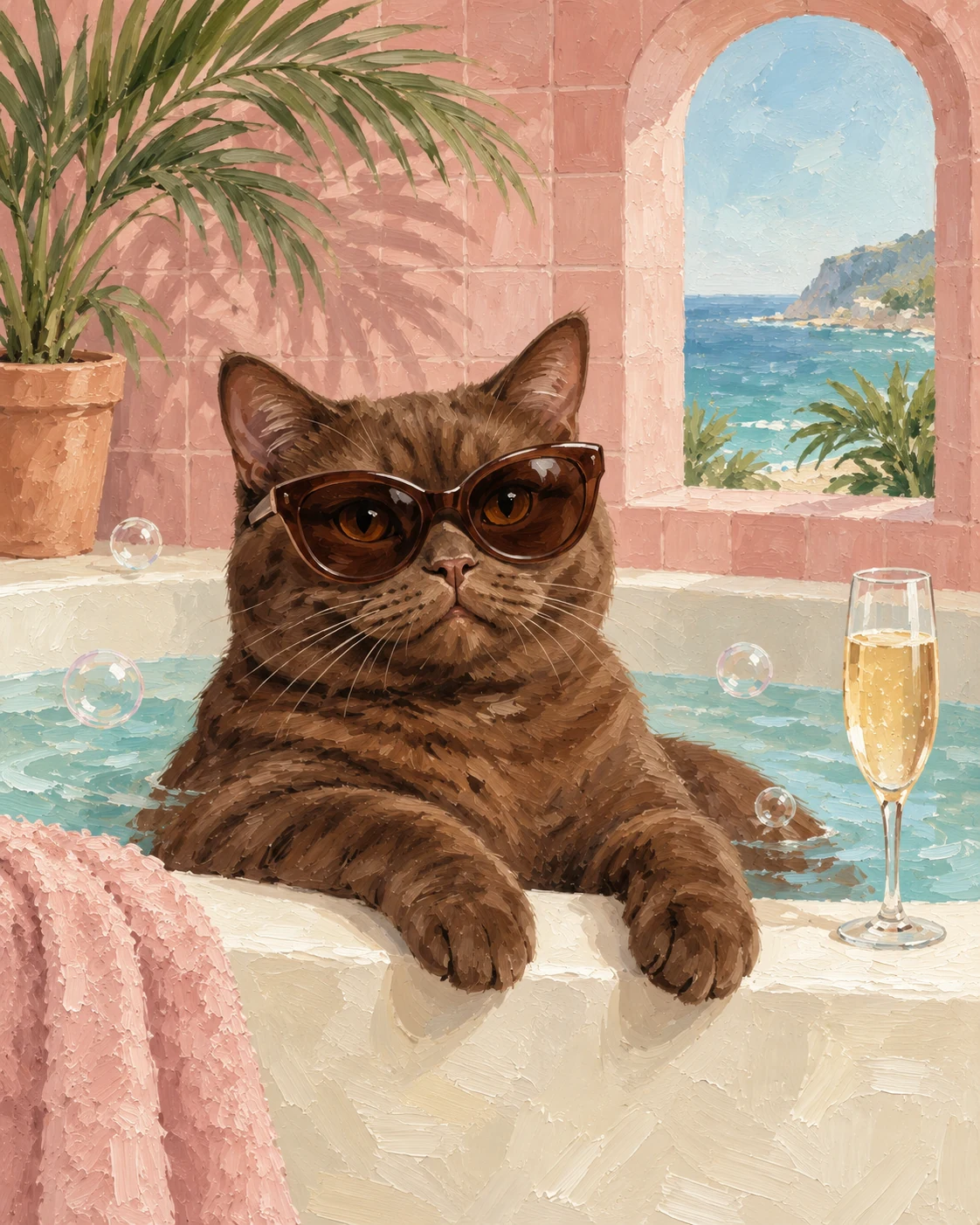 Oil painting of a brown cat wearing sunglasses in a pink tiled bath overlooking the sea