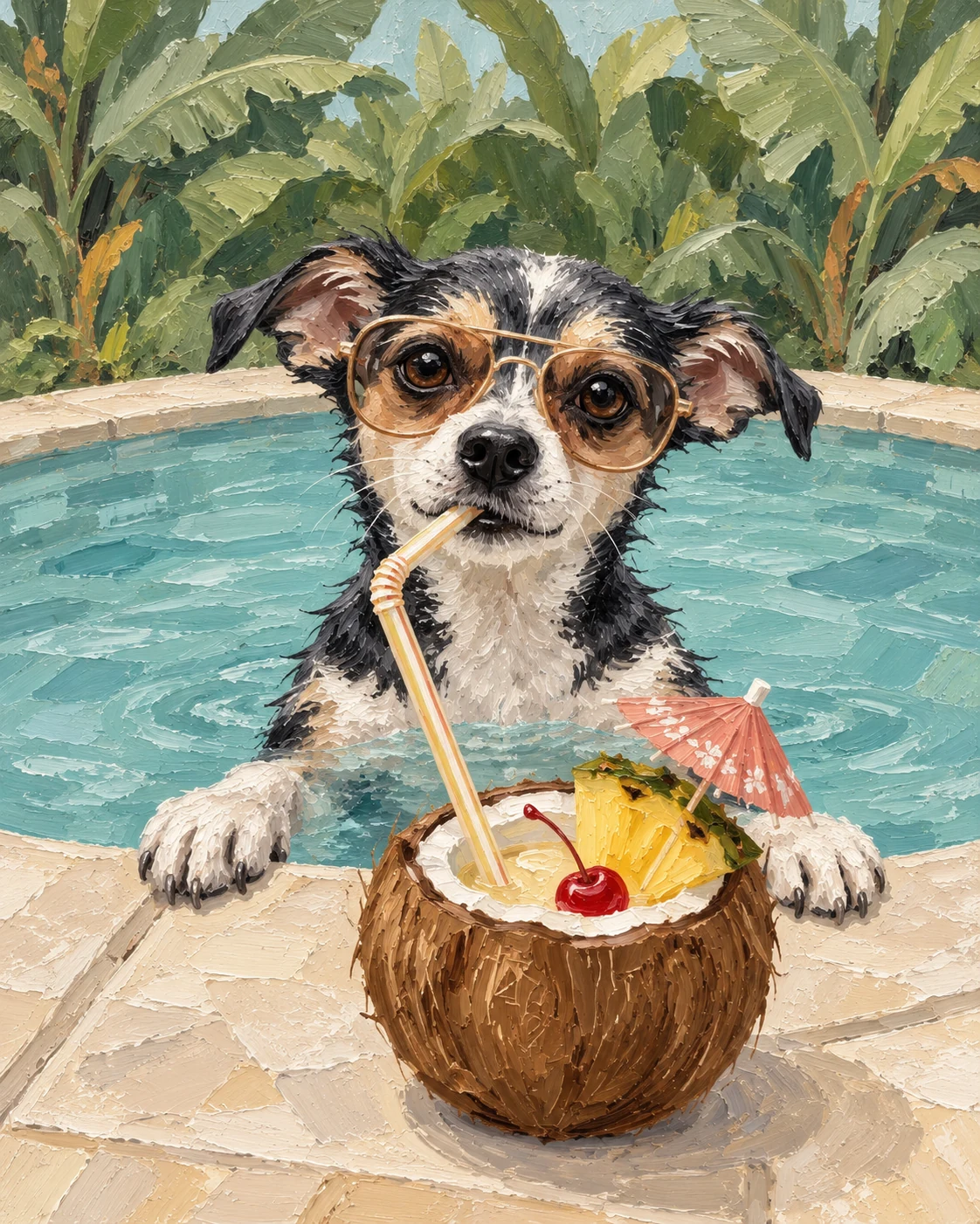 Oil painting of a terrier sipping coconut water through a straw beside a tropical pool