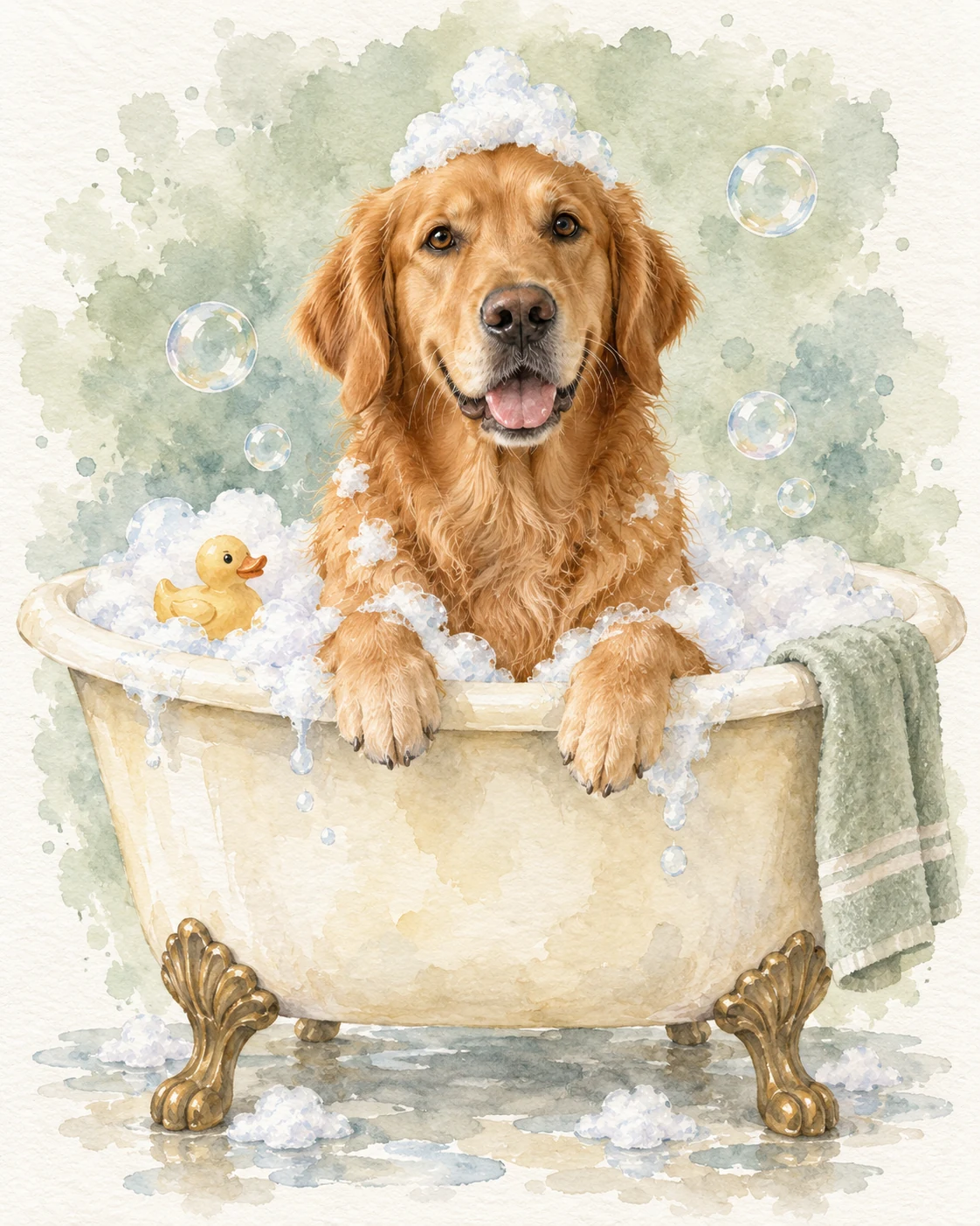 Golden Retriever in a watercolor bubble bath bathroom pet portrait