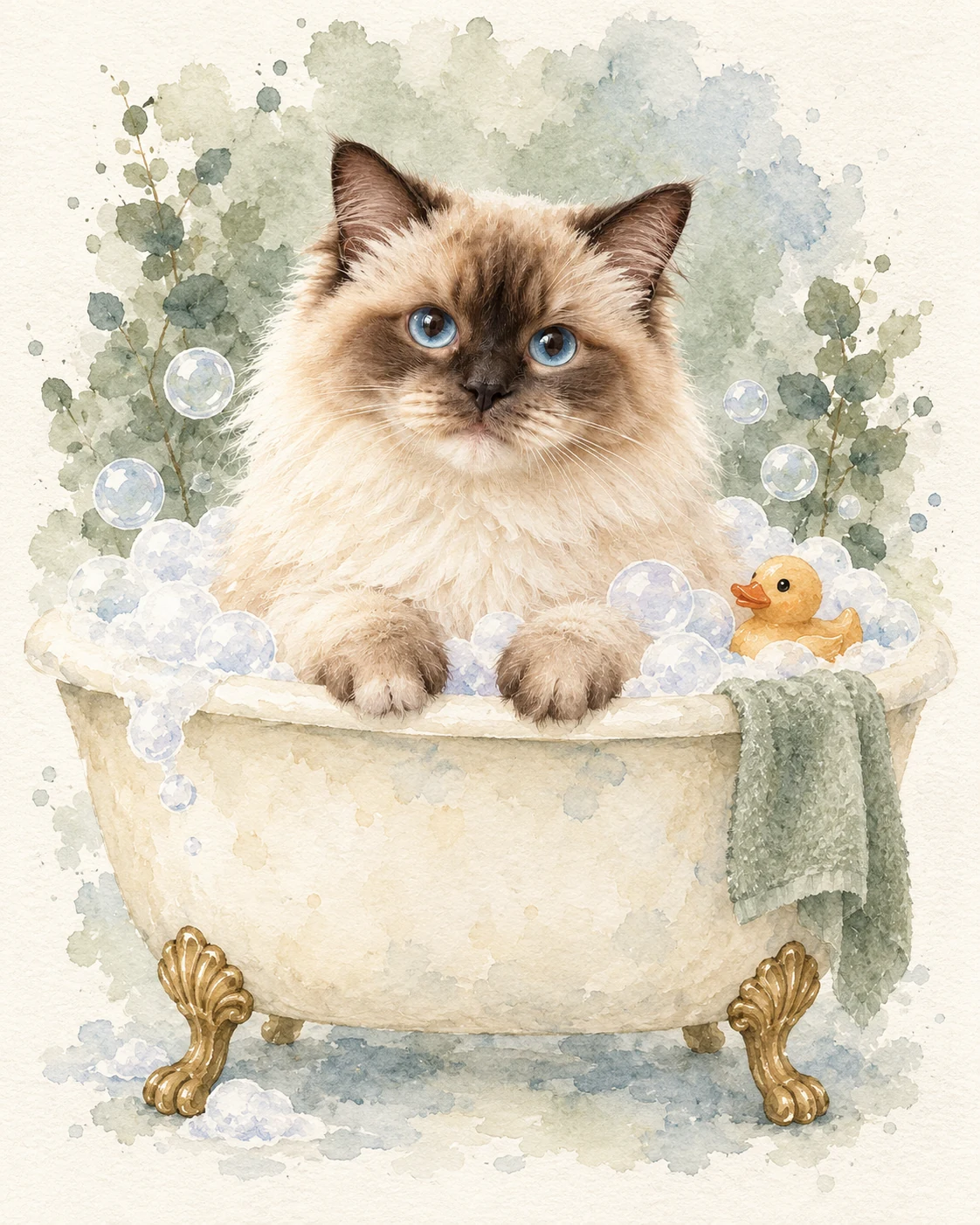 Ragdoll cat in a watercolor bubble bath bathroom pet portrait