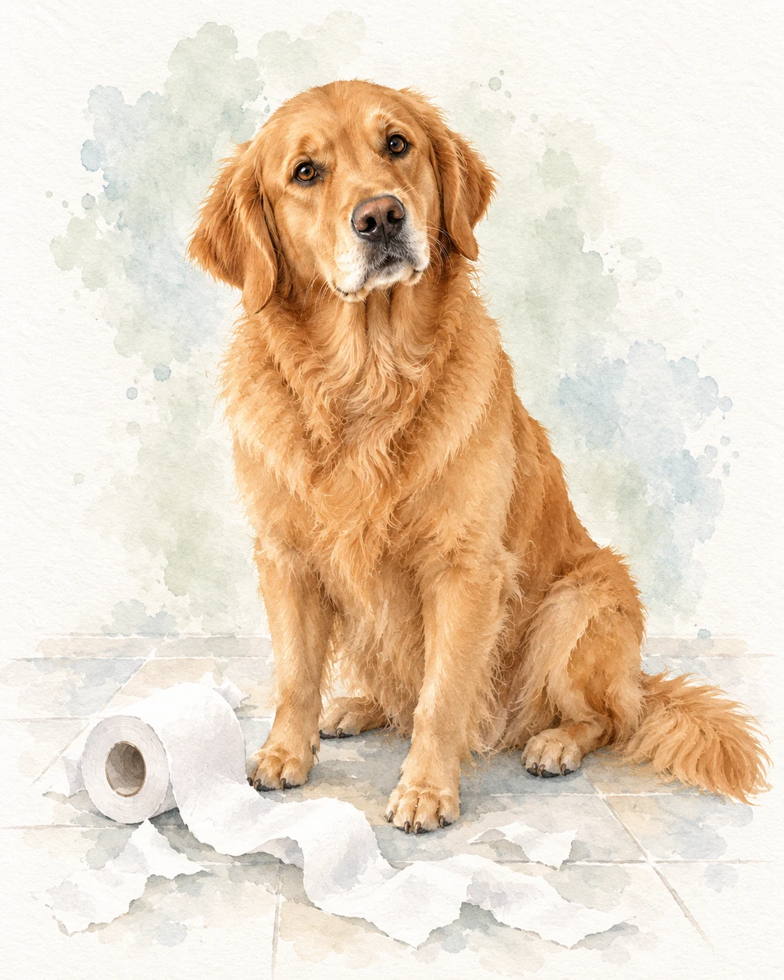 Golden Retriever in a watercolor toilet paper bathroom pet portrait
