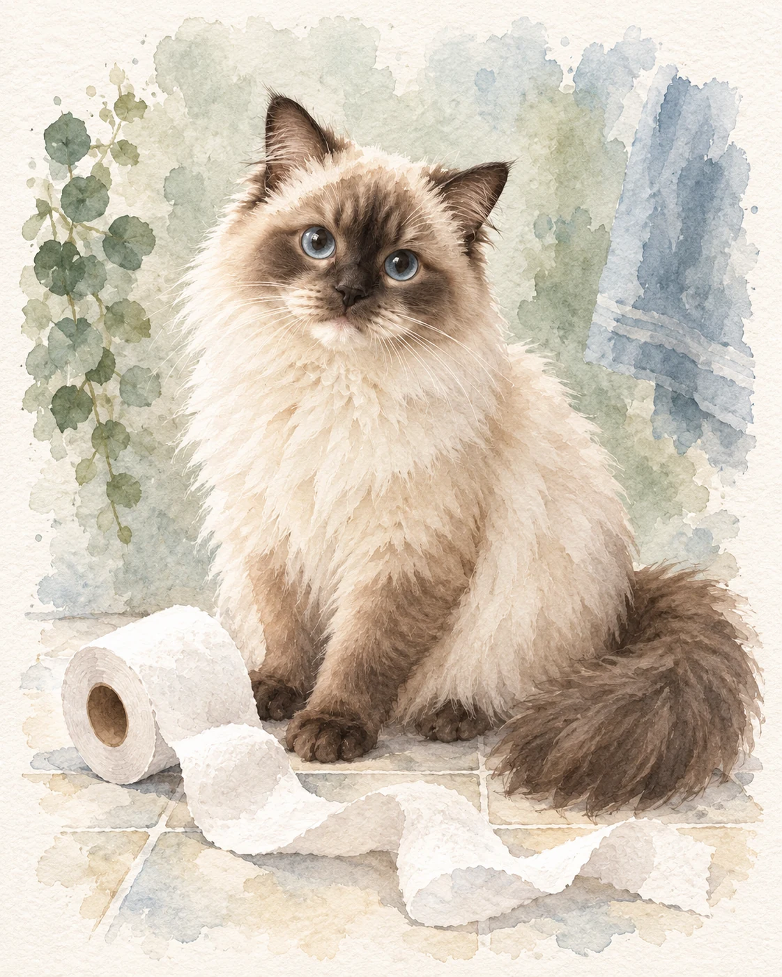 Ragdoll cat in a watercolor toilet paper bathroom pet portrait