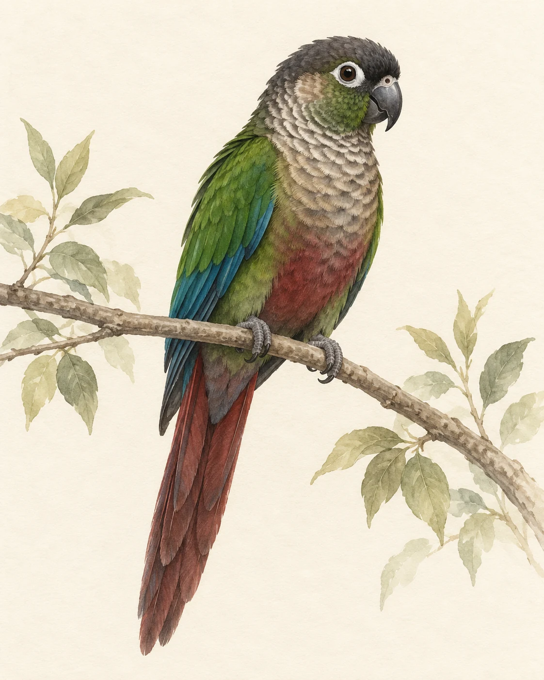 botanical watercolor green cheek conure portrait