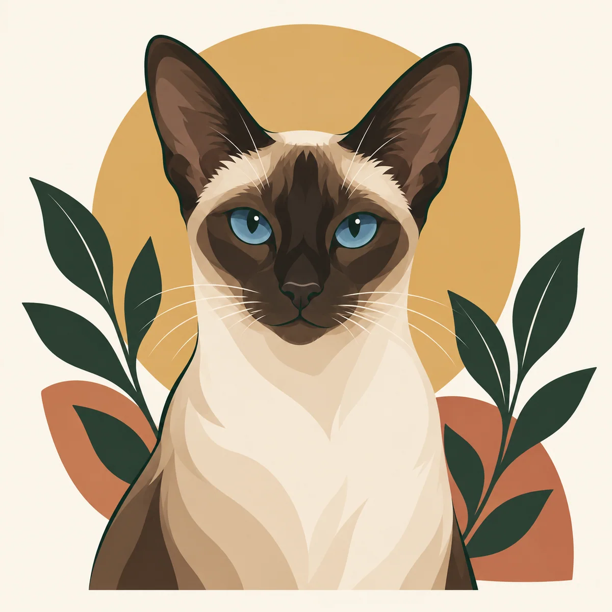 Blue-eyed Siamese cat in a clean vector cartoon pet portrait with complete ears and clear markings