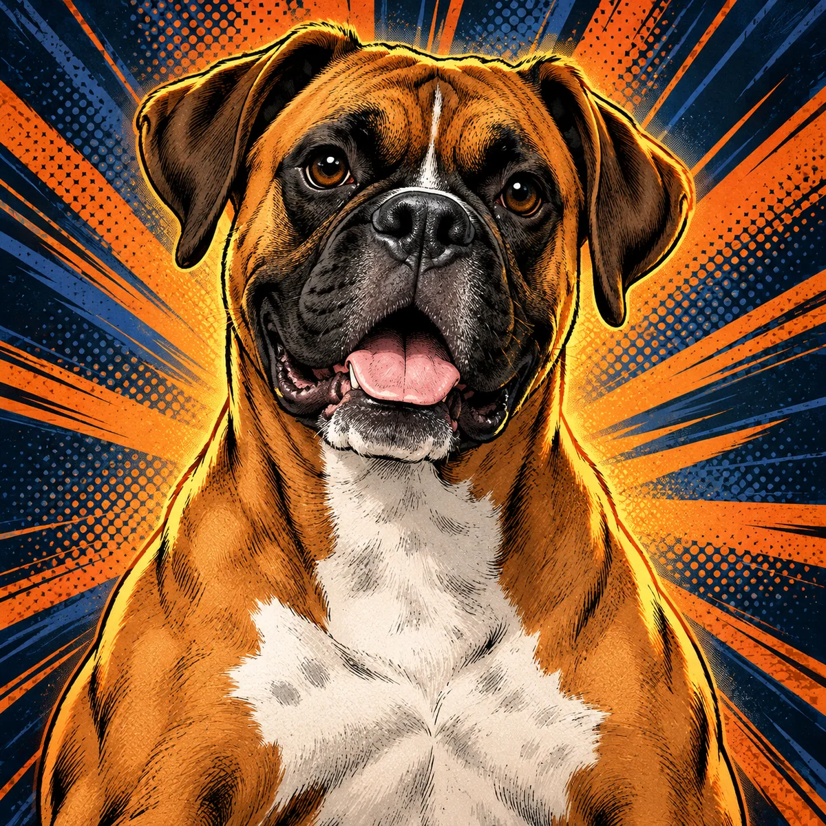 Boxer dog in an original bold comic book cartoon pet portrait