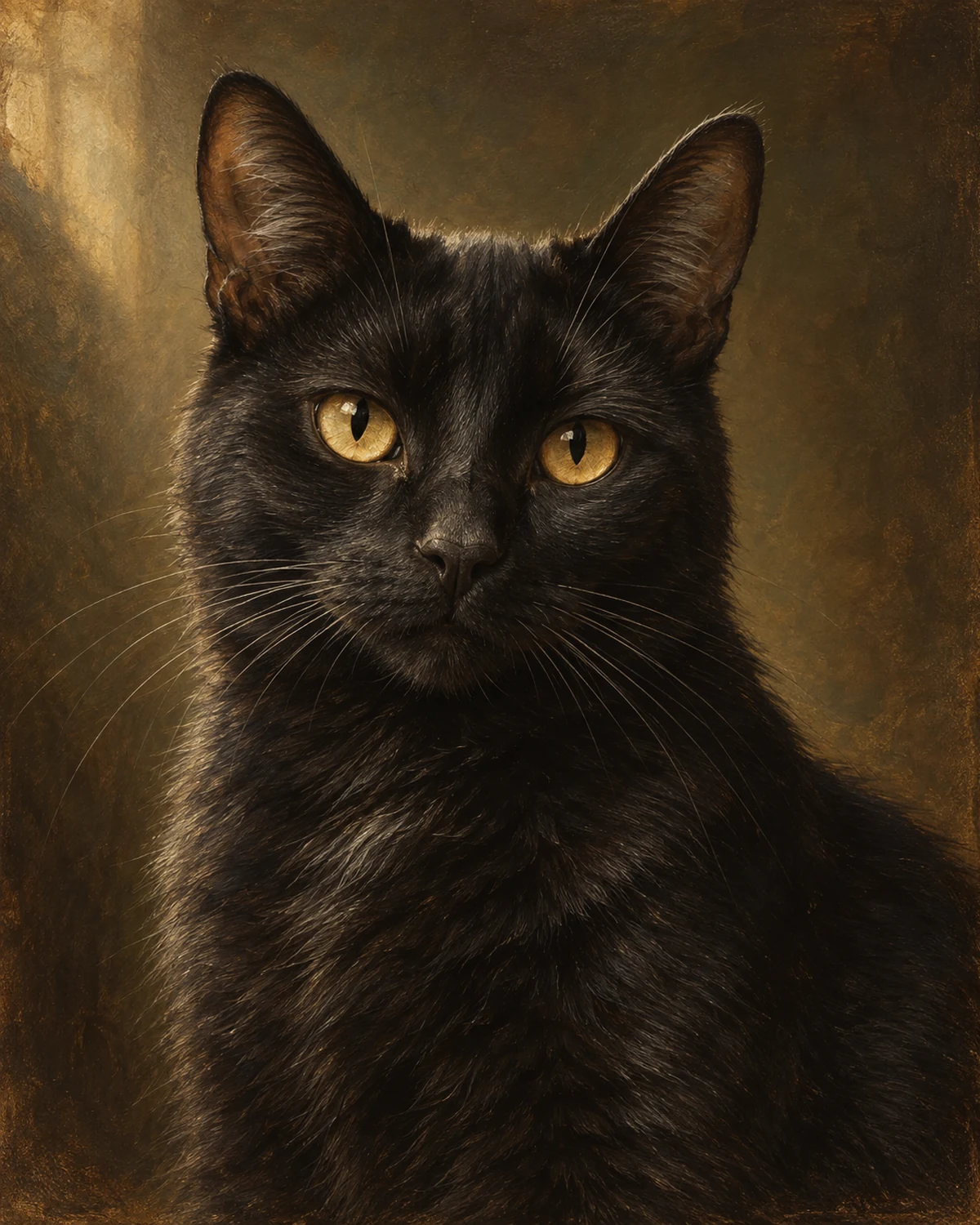 Black cat portrait with visible amber eyes, whiskers and layered fur detail