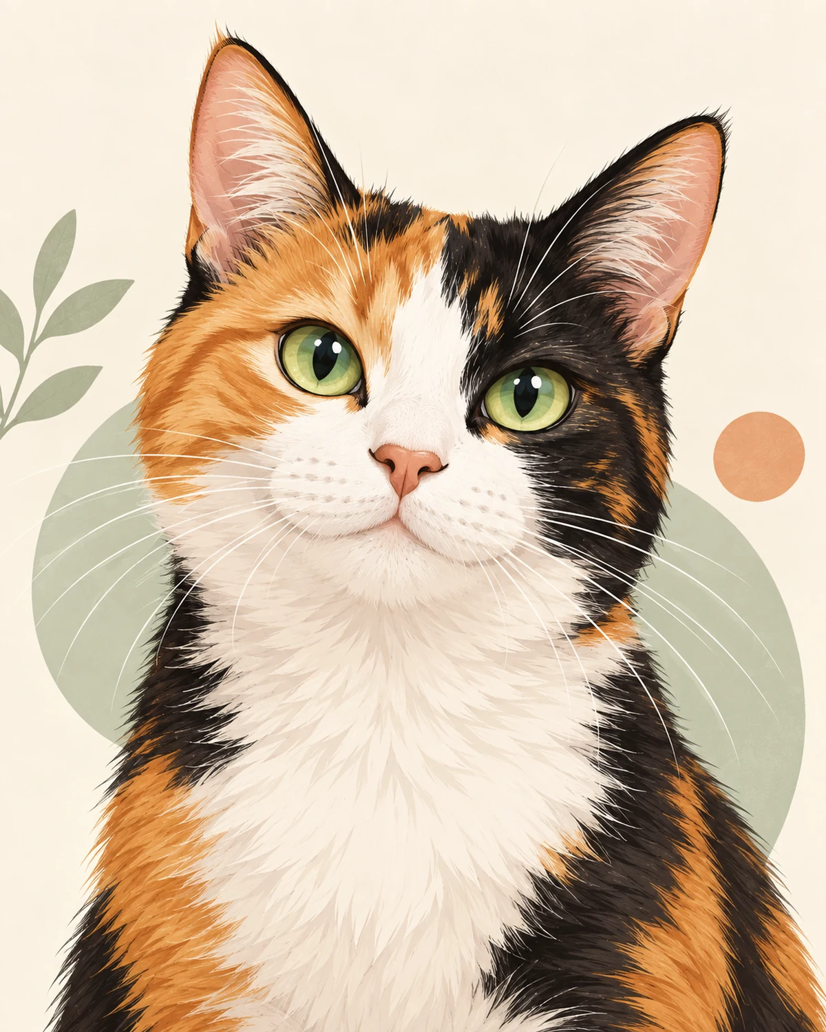 Calico cat shown as a modern cartoon portrait