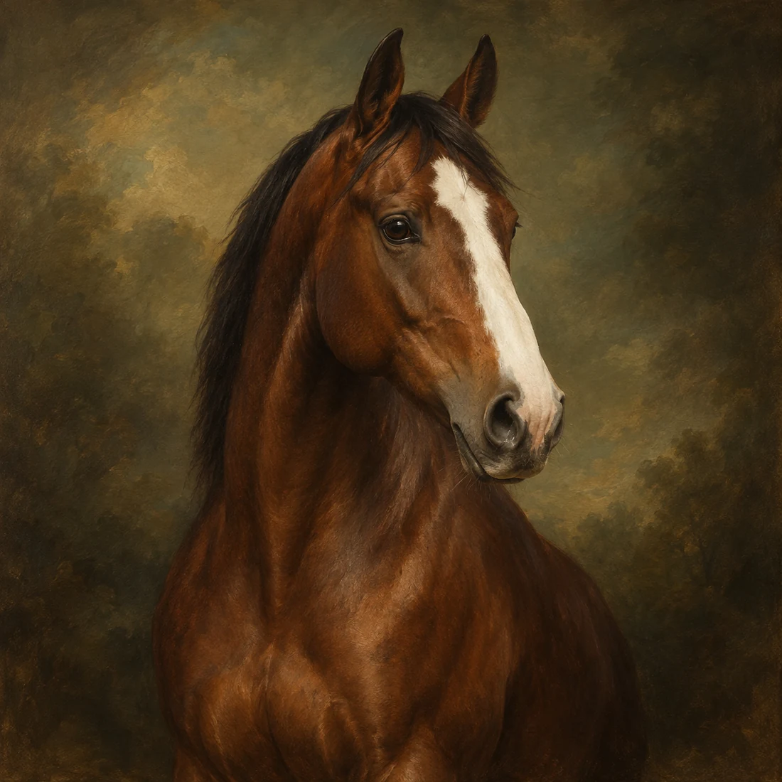 Classic oil horse portrait showing complete ears, clear eyes, muzzle and white blaze