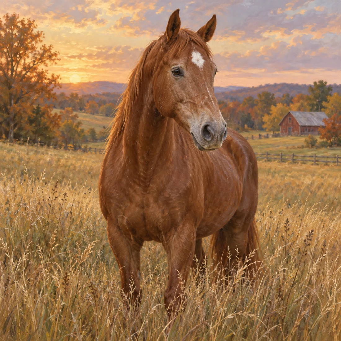 Retired chestnut horse keepsake portrait in an autumn field
