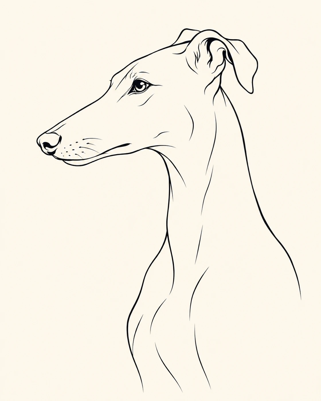 Minimal side-profile line-art portrait showing a Greyhound's complete ear, muzzle and neck silhouette