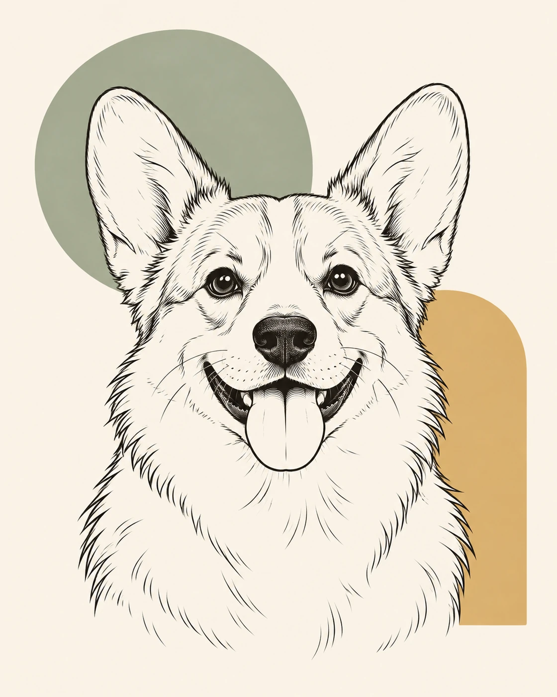 Minimal Corgi line-art portrait with muted sage and ochre colour blocks