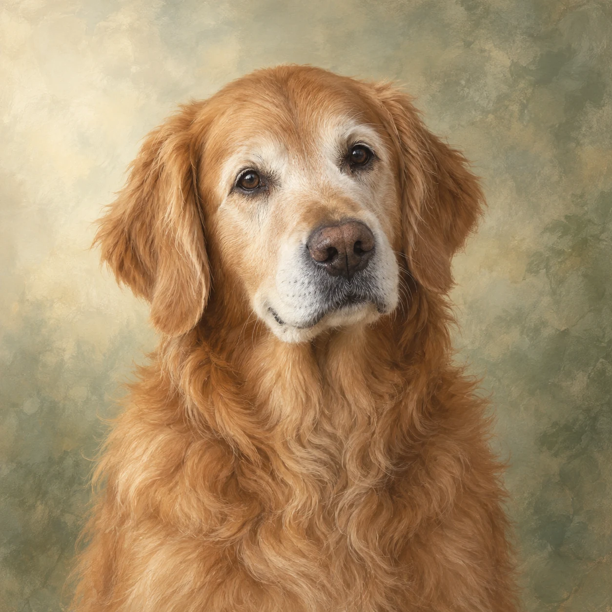 Senior golden retriever memorial portrait with complete ears, eyes, muzzle and grey facial markings visible