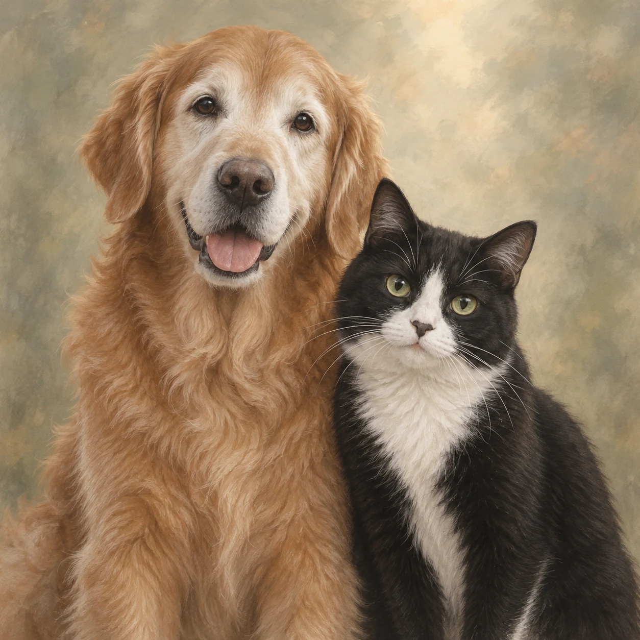 Senior golden retriever and tuxedo cat together in a quiet pet memorial portrait