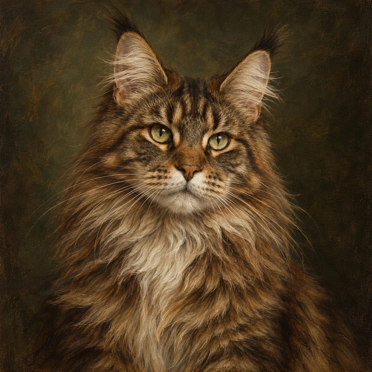 Detailed oil painting-style portrait of a Maine coon cat with complete ears, bright eyes and visible fur