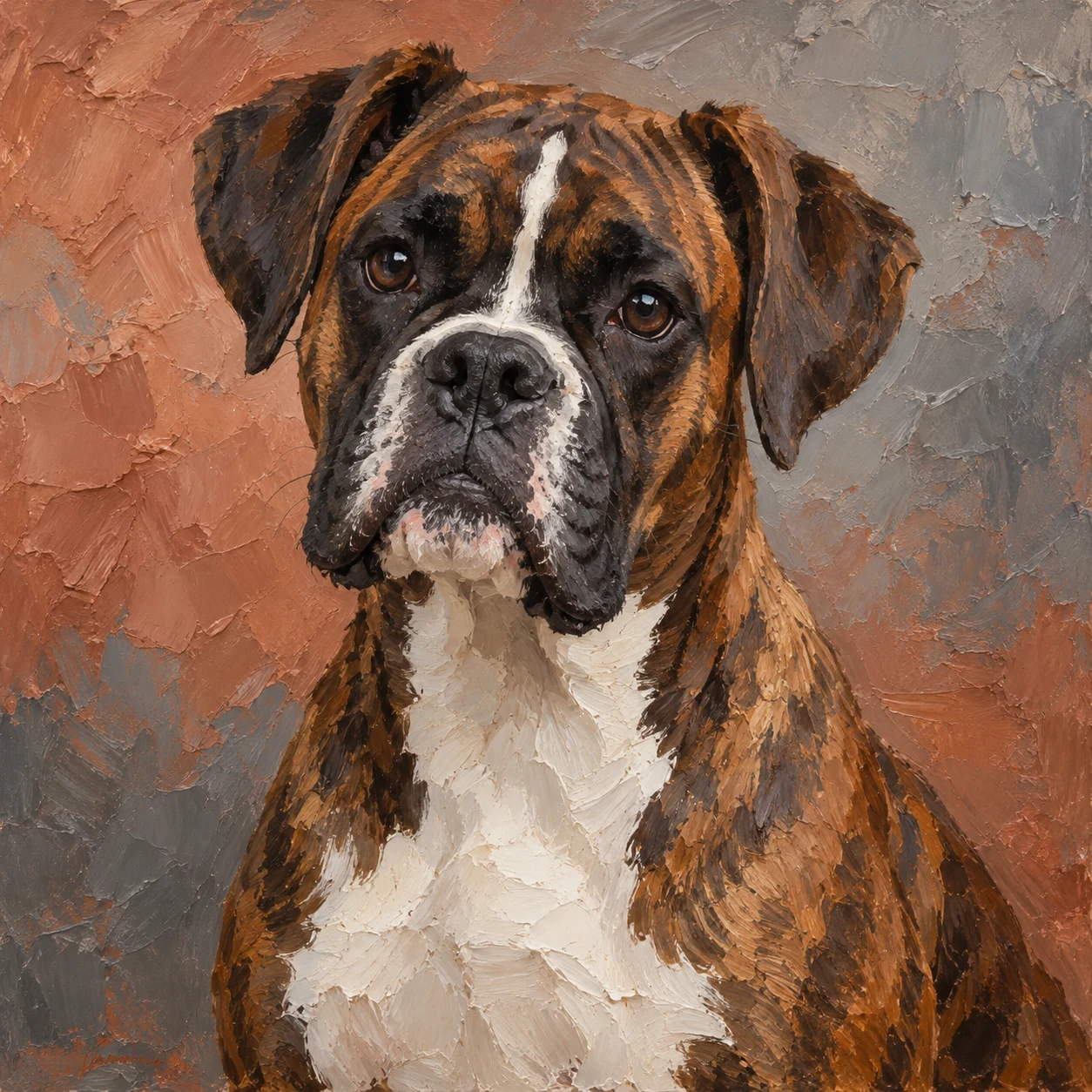 Boxer dog in an expressive impasto oil painting-style portrait