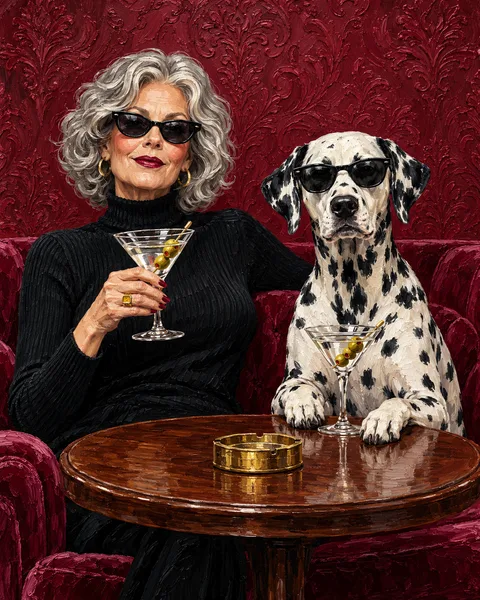 Oil painting of a woman and her dog: Burgundy velvet, warm lamplight and a pair with personality