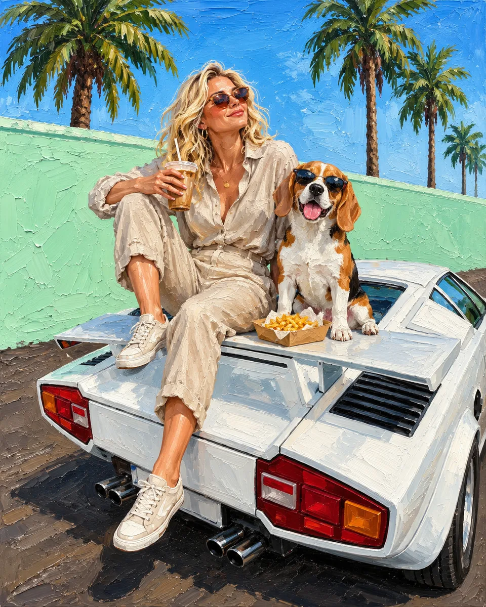 Oil painting of a woman and her dog: Palm trees, a vintage car and a sunny break together