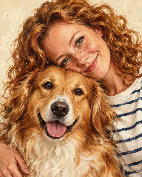 Oil painting of a woman and her dog: A close embrace in warm cream and softly painted colour