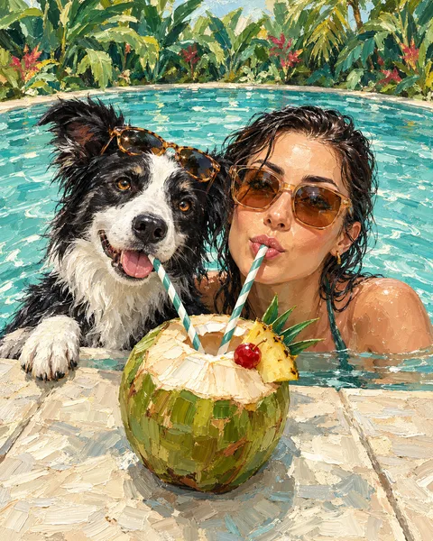 Oil painting of a woman and her dog: Turquoise water, tropical greenery and a shared holiday mood
