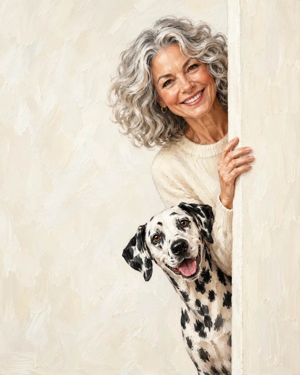 Oil painting of a woman and her dog: Two curious faces peeking around an ivory doorway