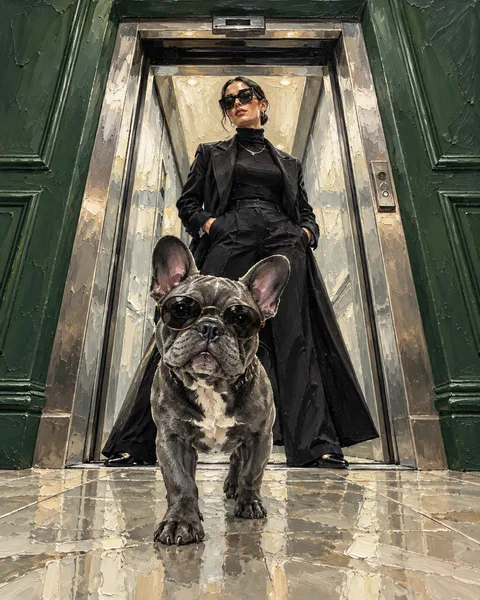 Oil painting of a woman and her dog: A bold low-angle entrance in green, charcoal and silver