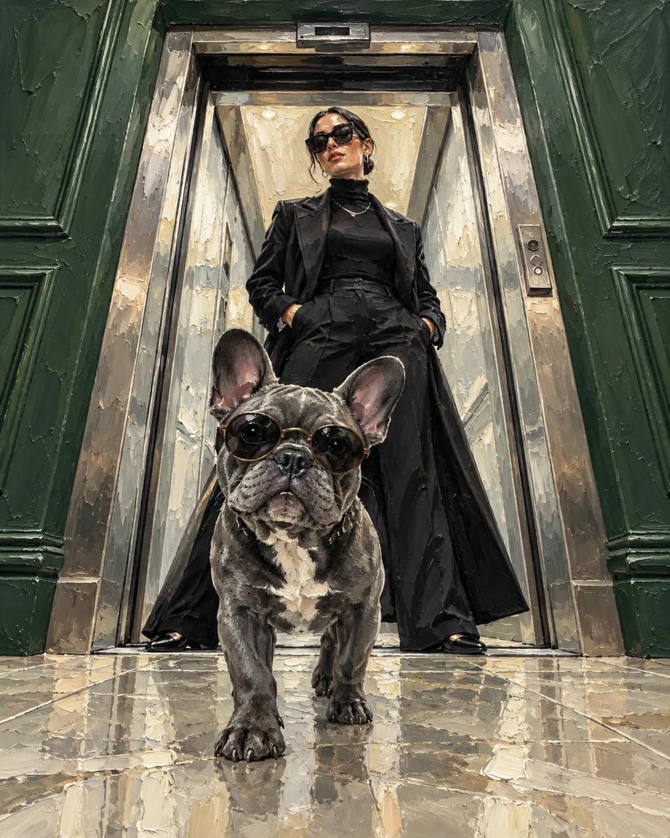 Oil painting of a woman and her dog: A bold low-angle entrance in green, charcoal and silver