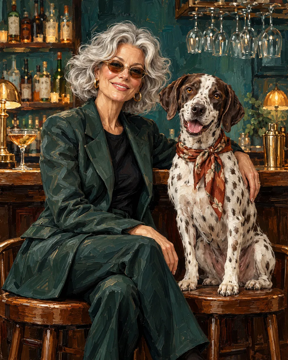Oil painting of a woman and her dog: A cosy painted bar with deep green walls and golden light