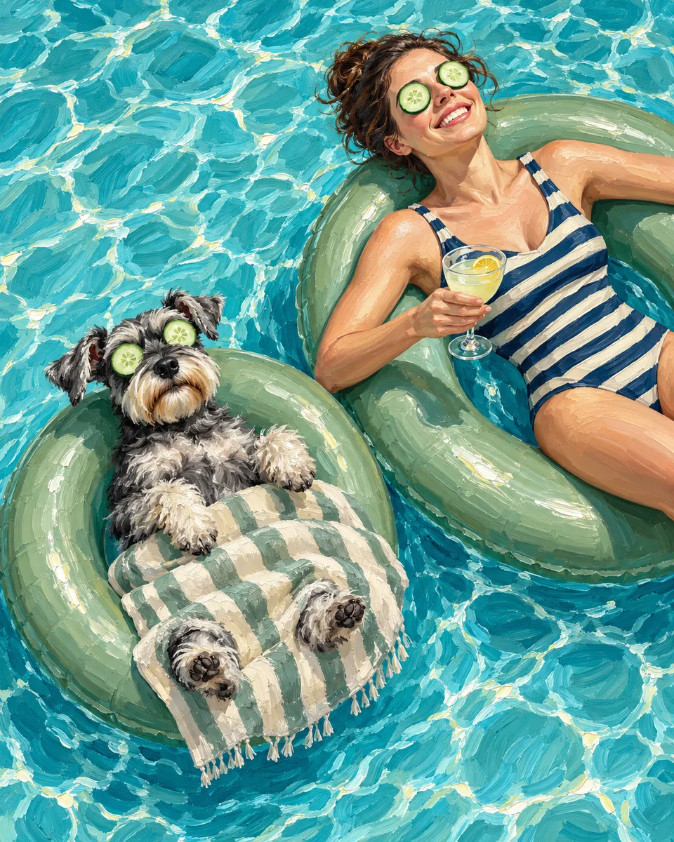 Oil painting of a woman and her dog: Side-by-side pool floats and a quiet afternoon in aqua and sage