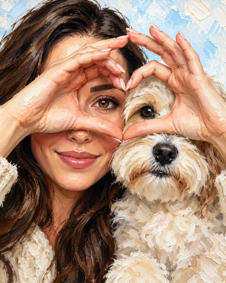 Oil painting of a woman and her dog: A hand-made heart around two familiar eyes