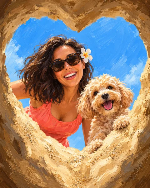 Oil painting of a woman and her dog: A heart-shaped sandy opening, blue skies and your favourite companion