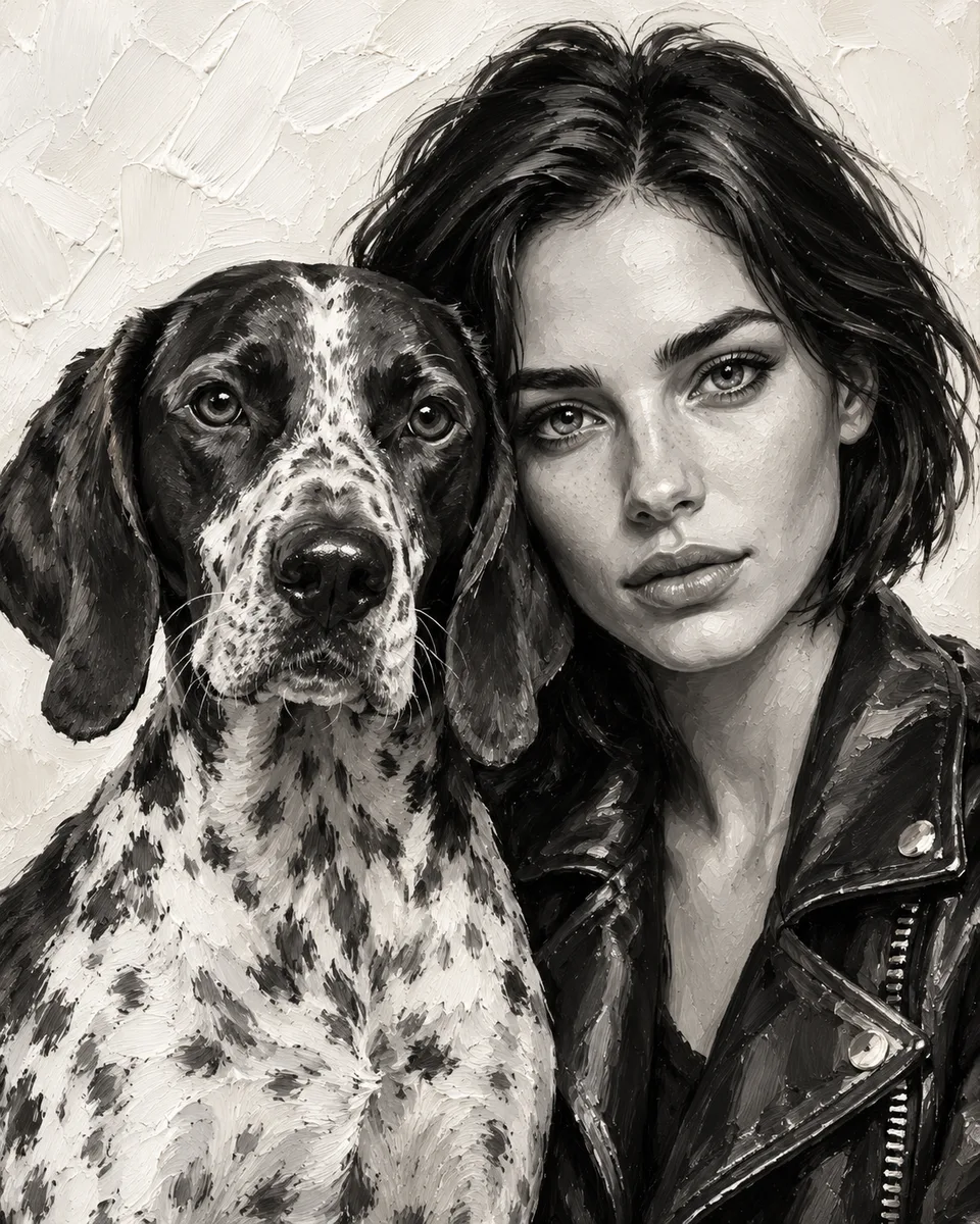 Oil painting of a woman and her dog: Two familiar faces, side by side in expressive black and white