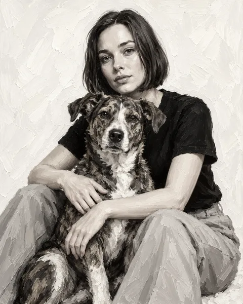 Oil painting of a woman and her dog: A relaxed embrace in soft black, ivory and silver