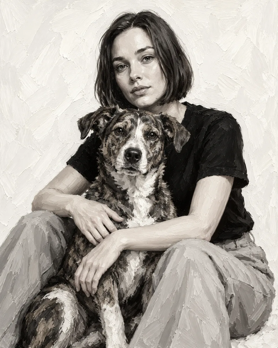 Oil painting of a woman and her dog: A relaxed embrace in soft black, ivory and silver